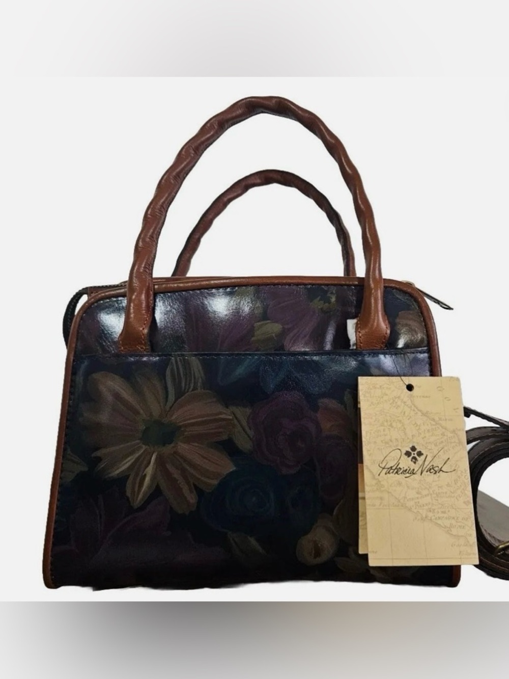 NWOT PATRICIA NASH PARIS PERUVIAN FLORAL SATCHEL WITH BROWN TRIM